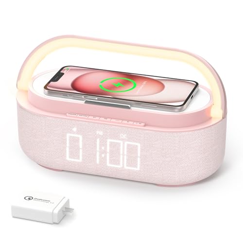COLSUR Bluetooth Speaker with Wireless Charger, FM Radio, Dimmable LED Night Light, Dual Wireless Speakers, 2500mAh Portable Speaker for Home Decoration, Bedroom, Office, Gift