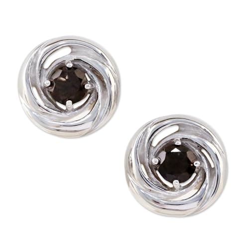 NOVICA Artisan Smoky Quartz Stud Earrings Sterling Silver Bathed Rhodium Brown Thailand Modern [0.2 in H x 0.5 in Diam.] ' Cyclones'