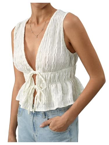 MakeMeChic Women's Tie Front Tank Top Bow Sleeveless Ruffle Hem Crop Going Out Tops Apricot Large