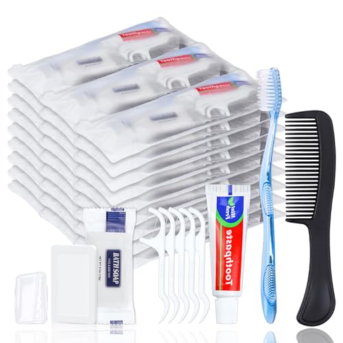 HQSLsund 10 Sets Personal Hygiene Kit Bulk, Disposable Toothbrushes with Toothpaste Floss Comb Soap and Cover, Toiletry Kits Homeless Supplies Bulk for Women,Men,Travel,Homeless