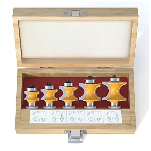 Fivepears 5Pcs Bullnose Router Bit Set 1/2 Shank, Bearing Half Round Router Bits for Woodworking, Carbide Tipped Edge Bits for Cutting Door Cabinet Shelve Table, Radius 1/8", 3/16", 1/4", 5/16", 3/8"