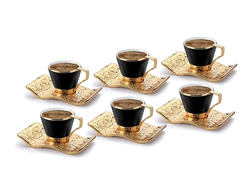 Mr Zoni Espresso Turkish Coffee Cups with Metal Holders and Saucers Set (Black - Gold)