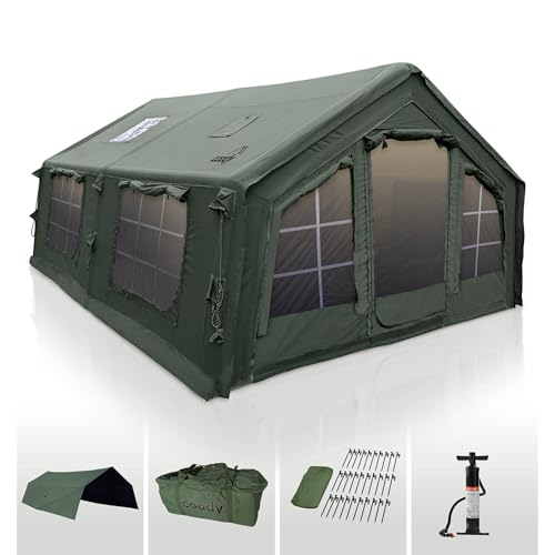 Coody 17.2 | Rbm Outdoors Koala 7 Inflatable Tents for Camping with Stove Jack, 2-10 Person Luxury Canvas Blow Up Tent, 2 Room, Easy Setup Large Inflatable House with Pump (Forest Green, Large)