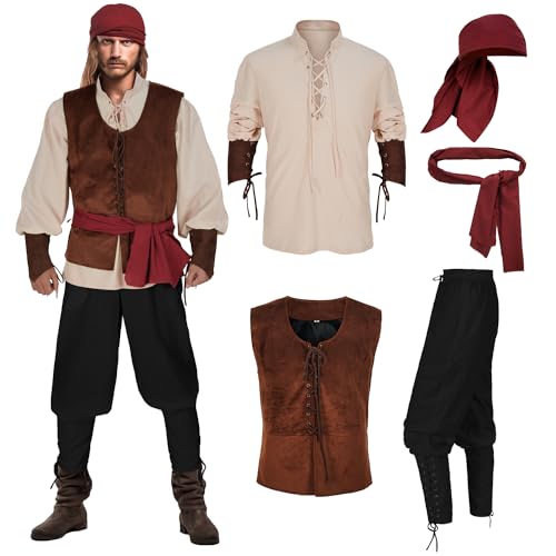 IWQBQ Men's Pirate Costume 5 Pcs Medieval Renaissance Outfits Halloween Viking Set(Z3601,3XL)