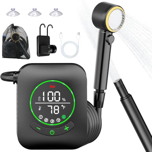 AYWOHA Upgraded 8000mAh & 5 Speed Portable Shower for Camping, LCD Display Rechargeable Camping Shower Head with 4 Spray Modes, IPX8 Waterproof Pocket Outdoor Shower Pump for Hiking, Travel, Car, Pet