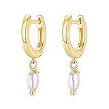 PAVOI 14K Gold Plated 925 Sterling Silver Post Huggie With Dangle | Small Gold Hinged Hoop Earrings For Women | Trendy Hoop CZ Huggie Earrings (Pearl, Yellow)