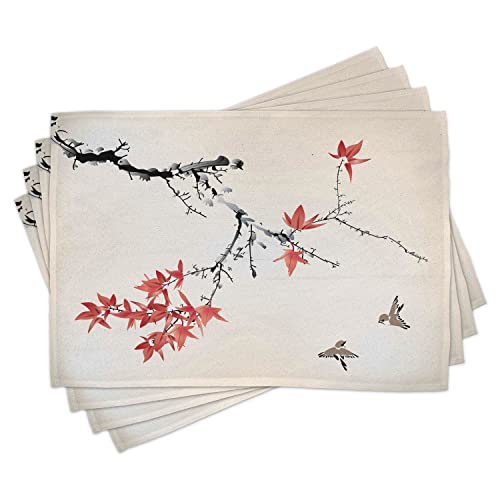 Ambesonne Japanese Place Mats Set of 8, Cherry Blossom Sakura Tree Branches Romantic Spring Themed Watercolor Picture, Washable Fabric Placemats for Dining Table, Placemat 8 pcs, Coral Black