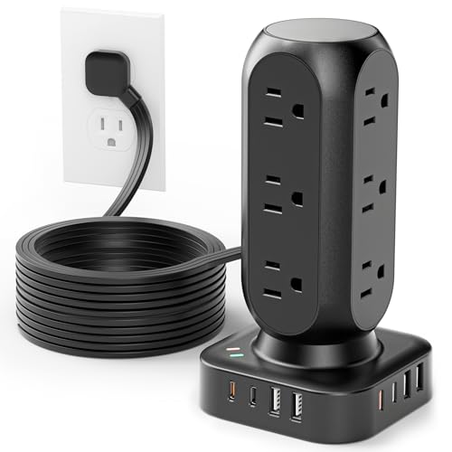 Dual PD 20W Power Strip Tower, TenTrend Surge Protector Power Strip with 12 AC Outlets & 8 USB Ports (4 USB C), 40W Desk Fast Charging Station, 10FT Flat Plug Extension Cord for Desk Office Dorm Room