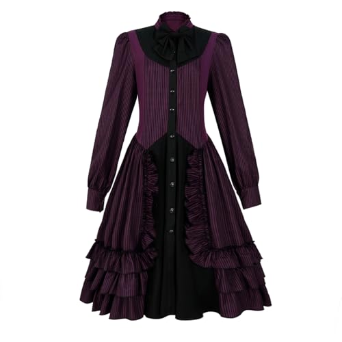 Women Girls Gothic Lolita Victorian Dress Polyester Ruffle Dress with Bows (L, Purple)