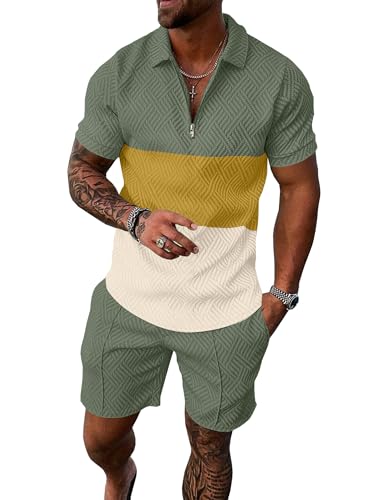 UOUA Mens Short Sets 2 Piece Summer Casual Outfits Polo Short Sleeve Shirts & Shorts Track Suit Jogging Sweatsuit Loungewear Yellow Block Green M