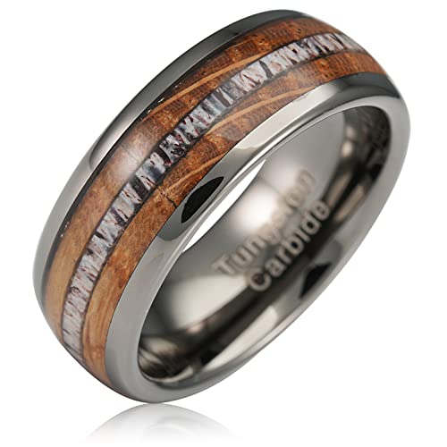 100S JEWELRY Gunmetal Gray Tungsten Rings For Men Whiskey Barrel Wood & Elk Anters Inlay Wedding Promise Engagement Band Size 6-16 (Gunmetal Gray, 10)