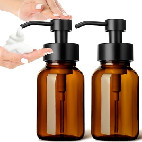 GMISUN Foaming Soap Dispenser, 8.5 fl oz / 250ml Amber Glass Foam Soap Dispenser for Bathroom & Kitchen, 2 Pack Modern Refillable Foaming Hand Soap Dispenser, Foam Pump Bottle with Waterproof Labels