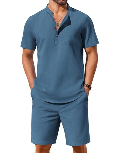 COOFANDY Men's 2 Pieces Linen Short Set Short Sleeve Cotton Henley Shirt Casual Shorts Vacation Outfits