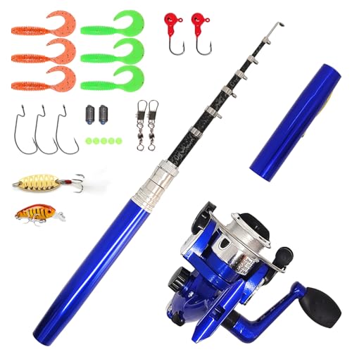 Portable Small Pen Fishing Rod and Spinning Reel Combos, 38" 55" Compact Telescopic Fish Pole with Hook Line Lure for All Season Fishing in Rivers, Lakes, Ice, etc. (Full Kits, 55inches / 140cm)