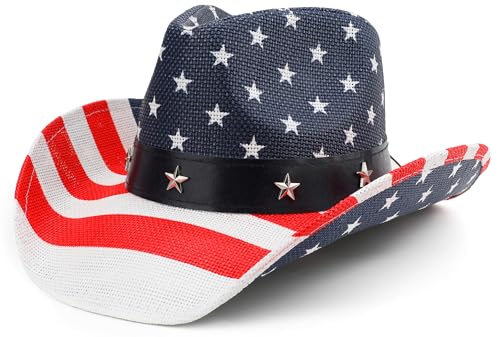 Melesh Unisex American Flag Cowboy Hat USA Falg Patriotic 4th of July Parade Western Cowgirl Hat (US, Alpha, One Size, Red/White/Blue)
