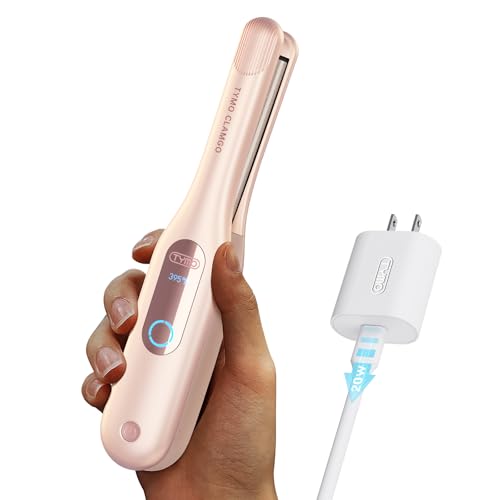 Cordless Mini Flat Iron Curling Iron - TYMO Hair Straightener and Curler 2 in 1 for Short Hair, Portable Small Pencil Flat Iron with Curved for Travel, Lightweight On-The-Go, Dual Voltage, Gold Pink