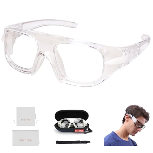 SooGree Sports Glasses, Basketball Football Soccer Racketball Goggles for Men & Women, Anti-Fog Safety Protective Eyewear （Transparent frame White pads