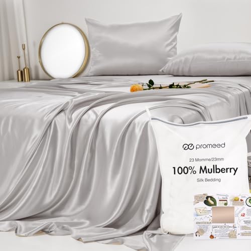 PROMEED 100% Mulberry Silk Sheet Set King Size 23 Momme, Pure Grade 6A+ Silk Bed Sheets 4pcs Set with Flat Sheet, Fitted Sheet and Pillowcases, Machine Washable (Light Grey, King)