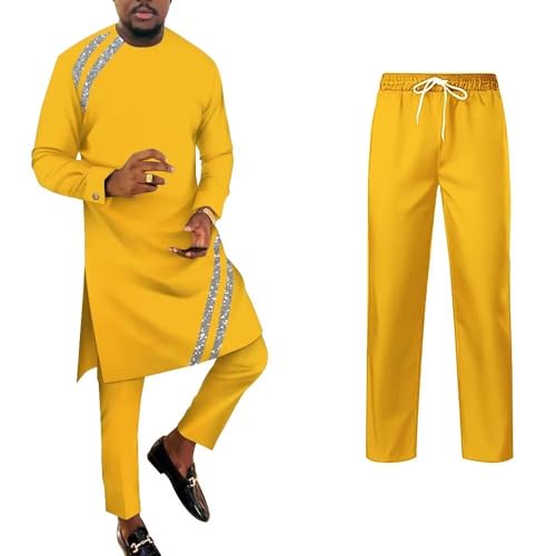 UOUNUT African Clothes for Men - Patchwork Long Sleeve Shirts and Pants, Dashiki Outfits, Slim Fit Attire