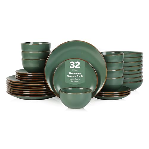 Stone Lain Brasa Modern Stoneware 32 Piece Dinnerware Sets, Plates and bowls Sets, Dish Set for 8, Green