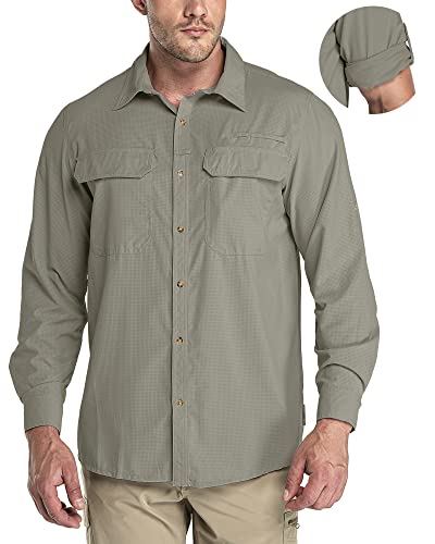 33,000ft Men's Long Sleeve Sun Protection Shirt UPF 50+ UV Quick Dry Cooling Fishing Shirts for Travel Safari Camping Hiking Gray Green