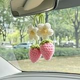 Crochet Strawberry Car Accessories，Cute Rearview Mirror Hanging，Car Accessories Gift，Car Decoration Interior for Teen Girls，Car Accessories for Women Aesthetic