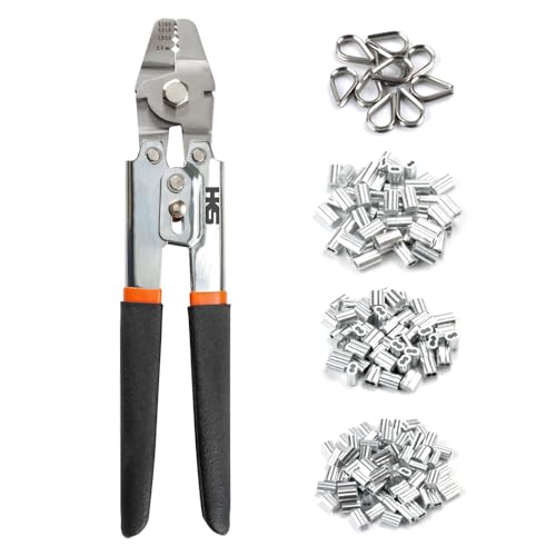 HKS Up to 2.2mm Wire Crimp Tool with 180 Sleeves and 10 Stainless Steel Thimble Kits, 3 Sizes of Aluminum Double Tube Collars, Fishing Wire Crimp Tool with Cutting Function