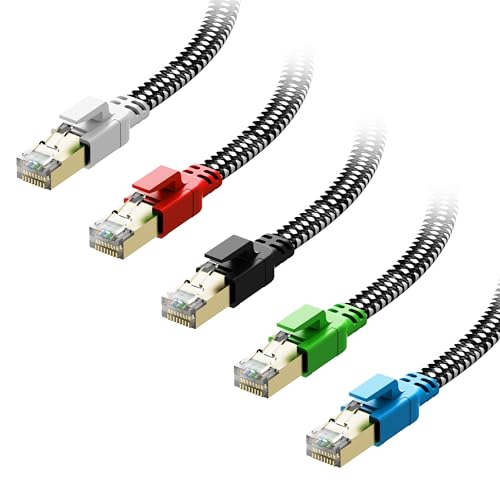 Cat 8 Ethernet Cable 7 ft 5 Pack Multi Color, Nylon Braided High Speed Heavy Duty Network LAN Patch Cord, 40Gbps 2000Mhz RJ45 Flat Internet Cable Shielded in Wall, Indoor&Outdoor for Modem/Router/PC