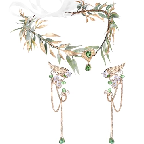 Zeyune Hairband - Gold, Green Leaves - Rhinestone Elves Crown Fairy Costume Headpiece with Elf Ears Cuffs - Handmade Craft for Women's Festivals and Halloween Cosplay