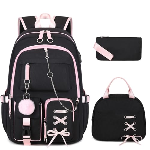 Backpacks for Girls, Girls Backpack with Lunch Box and Pencil Case for Teen Kids Elementary Middle High School College Student, Children Backpack Bookbag with USB Charging Port (Black Pink with Chain)