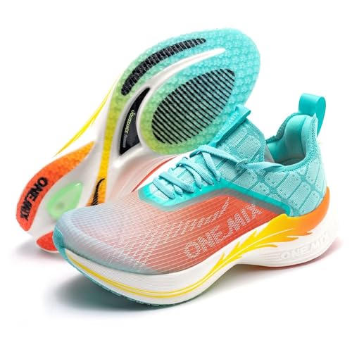 O-Resilio Men's Road Running Shoes Carbon Fiber Plate Marathon Running Shoes Wide with Arch Support Lightweight Breathable Lightblue Coral Sneakers Size US Men 6.5/US Women 8