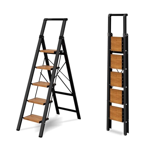 5 Step Ladder, Lightweight Folding Step Stool with Anti-Slip Aluminum Wide Pedal& Convenient Handgrip, 330lbs Capacity Steel Ladder for Household and Office (Black&Woodgrain)