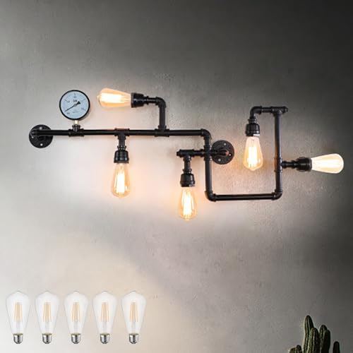 Aeyee Industrial Water Pipe Wall Sconce, Steam Punk Wall Mount Lamp, 35.4" Cool Wall Lamp for Bedroom, Bar Black Finish