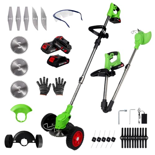 Electric Weed Wacker Cordless Eater 3 Battery,Foldable and Lightweight Grass Trimmer/Brush Cutter,5 Types Blade&Wheels 21V 2.0Ah Battery (3 Pieces) Powered for Garden and Yard (Foldable)