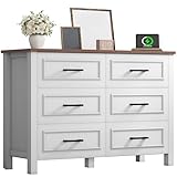 YITAHOME 6-Drawer Dresser with Built-in Power Outlet, Wood TV Stand with 6 Large Drawers and Bar Handles, White Dresser Chest of Drawers for Living Room, Hallway, Entryway