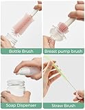 Momcozy Bottle Brush Set - Baby Bottle Cleaner Kit with Silicone Brush, Nipple Brush, Straw Brush, Soap Dispenser, Drying Rack - 7 in 1 Bottle Cleaning Tool for Home and Travel, Pink