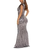 PORRCEY Sexy Women Sparkly Sequins Deep V Neck Bodycon Maxi Dress Party Club Evening Dress(Y9259,Gray,M)