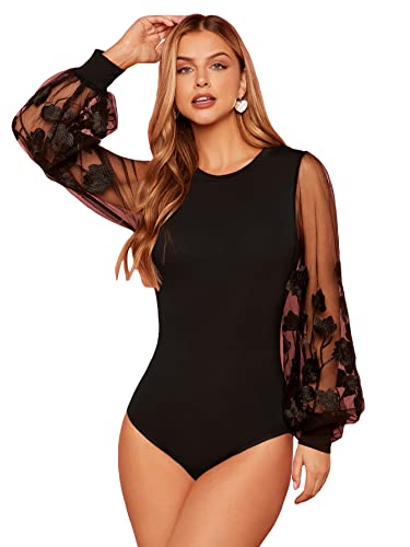 WDIRARA Women's Polka Dots Sheer Dobby Mesh Square Neck Long Sleeve Skinny Bodysuit Embroidery Black M
