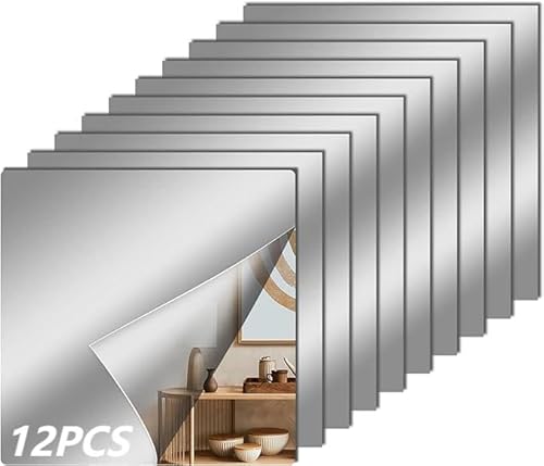 Ausbond 12 Pcs Flexible Mirror Sheets Stickers, Non Glass Safety Reflective Mirror, 12 x 12 in Self Adhesive Square Cuttable Mirror Wall Stickers for DIY Craft Home Wall Decoration