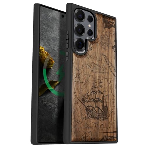 Carveit Magnetic Wooden Case for Samsung Galaxy S25 Ultra Case 2025, TPU Shockproof Cover & Wood Artisan Engraved, Compatible with MagSafe Wireless Chargers (Vintage Pirate Ship) Walnut