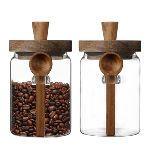 ANSQU Set of 2 Glass Food Storage Jars with Bamboo Wood Lid and Spoon, 20.3oz Glass Kitchen Canisters for Coffee, Tea, Cereal, Spice and Canning, Mason Jars, Cute Jar