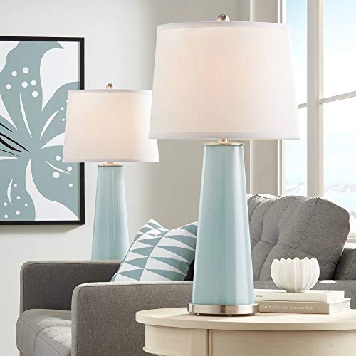 Color + Plus Leo Modern Table Lamps 29 1/2" Tall Set of 2 Aqua Sphere Blue Glass Tapered Column Plain White Drum Shade Decor for Bedroom Living Room House Bedside Nightstand Office Family