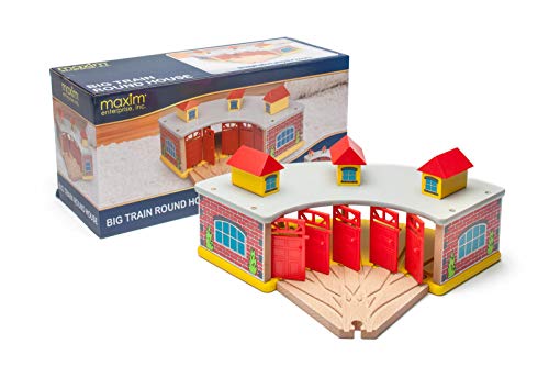 maxim enterprise, inc. Wooden Train Round House with 5-Way Switch Track for Kids, Wood Train Shed with 5 Doors. Houses 5 Engines & Cars, Compatible with Major Brand Wooden Railways
