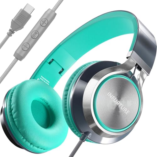 INFURTURE USB C(Type C) Wired Headphones with Mic & Volume Control, Tangle-Free Plaiting Line, Over/On-Ear Headphones, Lightweight Foldable for Smartphone, Tablet,iPhone 16/15 Series(Green-Gray)