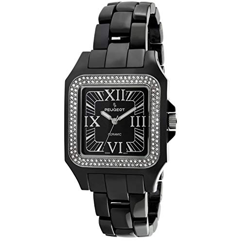 Peugeot Swiss Women Genuine Ceramic Watch - Square Case with Swarovski Crystal Bezel and Bracelet