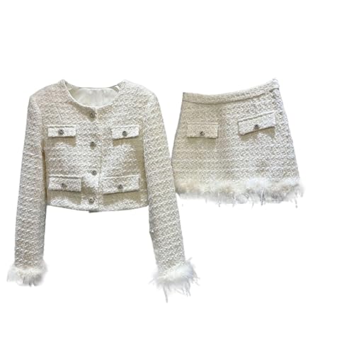 Wind Tweed Two Piece Set for Women Autumn Winter Fur Trim Short Jacket+Mini Skirt Suits Female Outfits White M