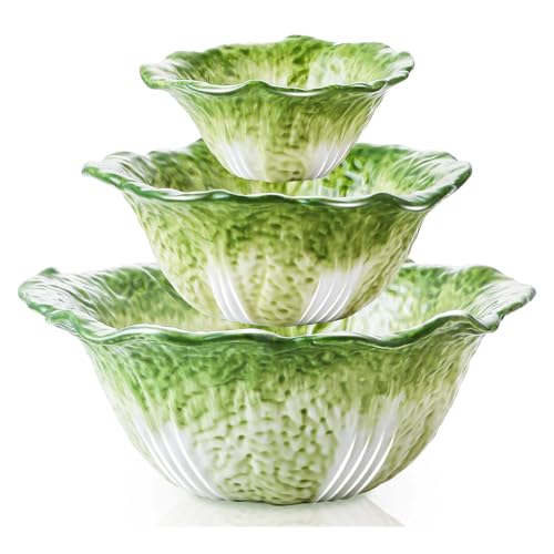 KXZ Green Cabbage Serving Bowl Set of 3 for Kitchen - Extra Large 60oz, 16oz, 5oz Nesting Mixing Bowls, Porcelain Dishes for Salad, Entertaining, Fruit, Vintage, Decorative, Ceramic Pho Soup Tureen