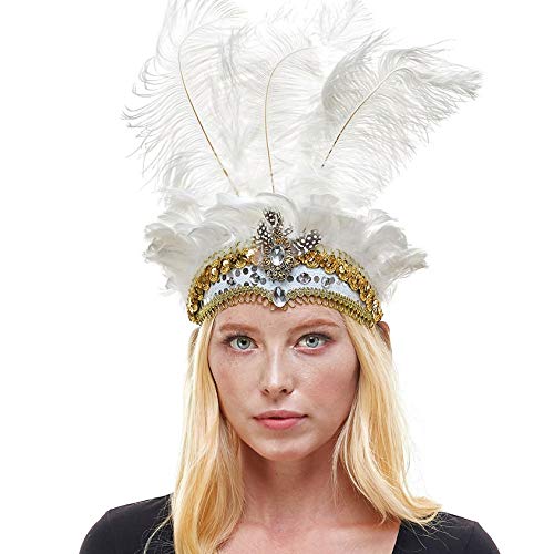 MasqStudio Show Girl Carnival Festival Masquerade Party Headpiece Ostrich Feather Headband Headdress (White)