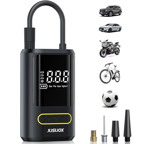 JUSUOX Tire Inflator Portable Air Compressor, Electric Bike Pump with Digital Pressure Gauge, 150 PSI Cordless Air Pump for Car Tires, Motorcycle, Bicycle, Ball with Auto Shutoff, LED Light