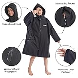 Hiturbo Kids Waterproof Swim Parka: Thin Fleece Swimming Coat - Oversized Swimmer Jacket - Knee Length Swim Team Outfit (9-13Y, Black)